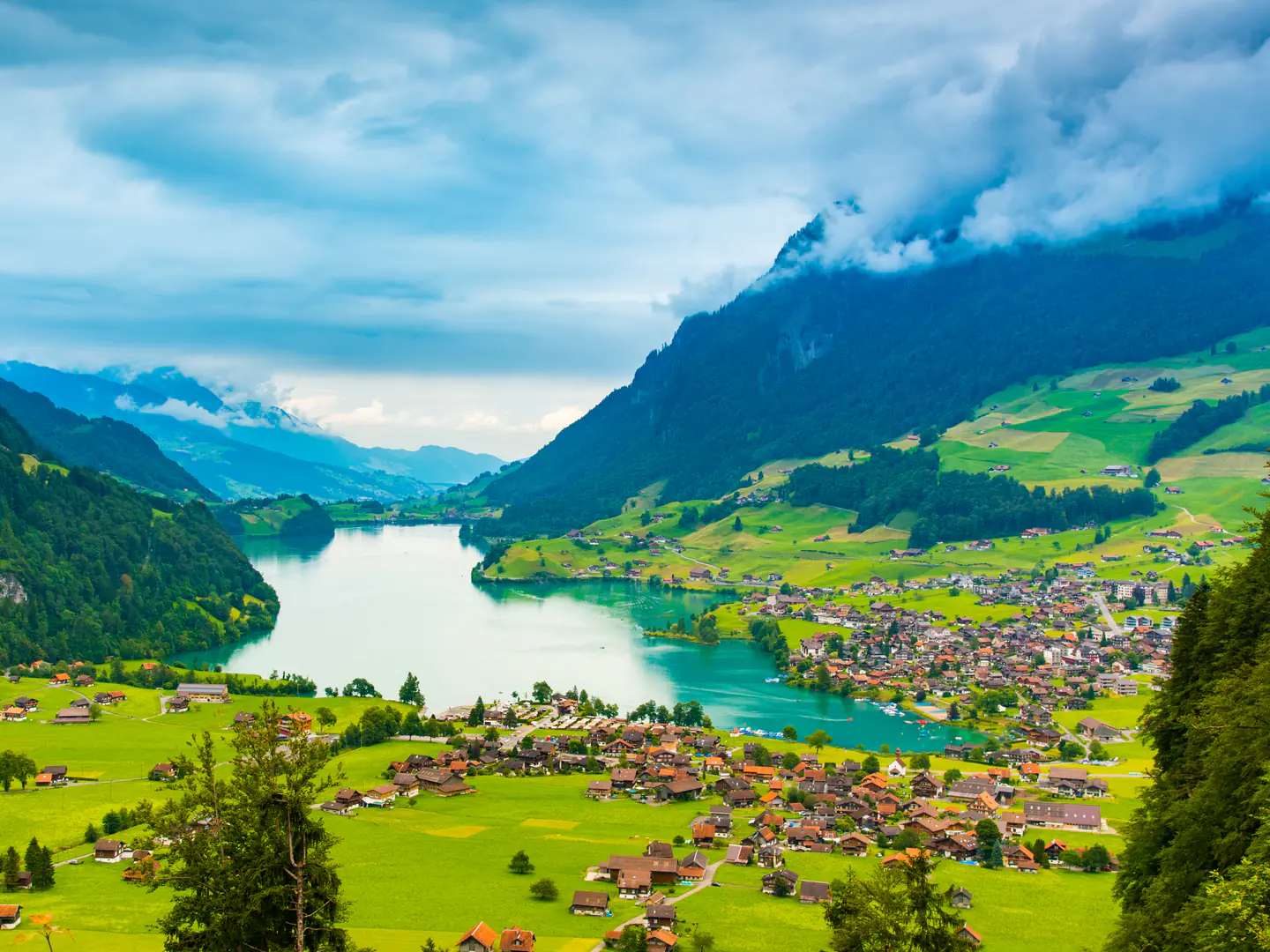 Unterseen and the Aare below snowy peaks, Interlaken